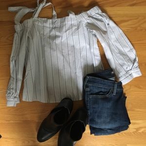 White with black stripe off the shoulder Crop Top